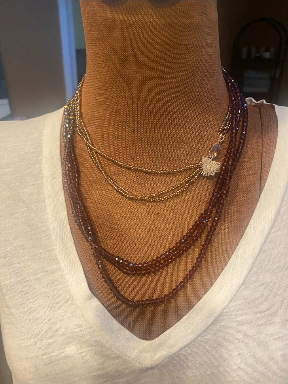 Beaded Multi-Strand Garnet Red crystal Necklace with Gold Accents